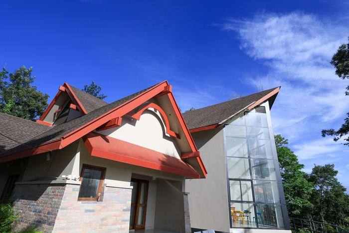 Villa exterior on a clear morning